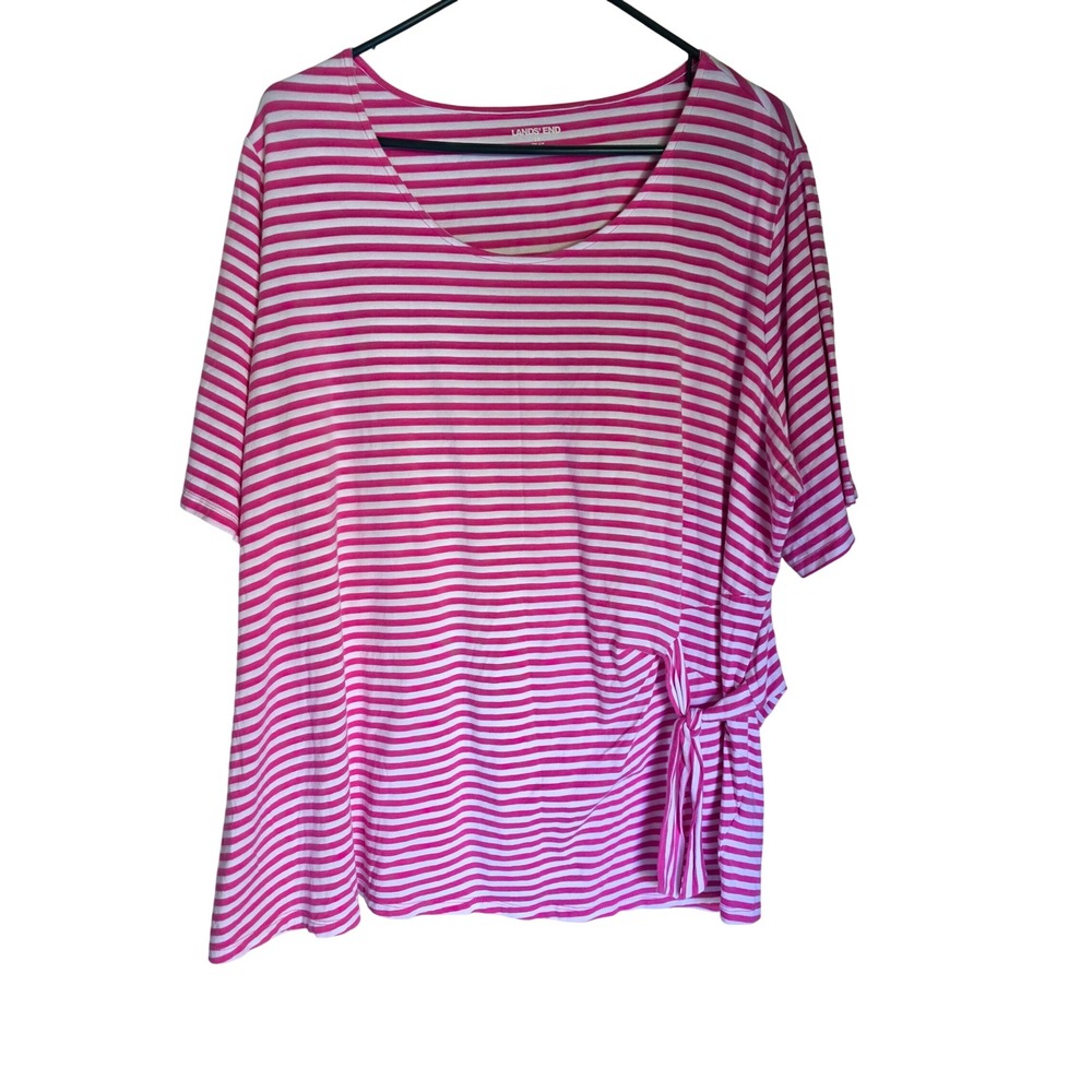Lands End Womens 2X Pink White Striped Side Tie Short Sleeve Knit Top Plus Size‎